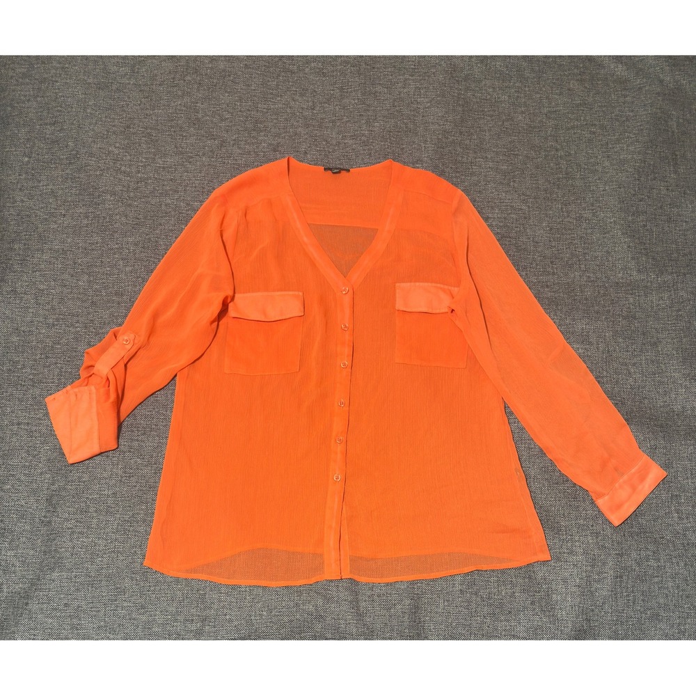 Milano Women's XL Button Up Shirt Orange Sheer V-Neck Roll Tab‎ Sleeve